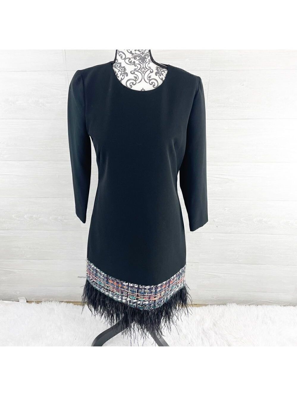 Milly Ostrich Feather Embroidered Hem Wool Blend Shift Dress